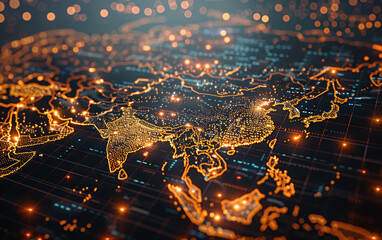 Poster - A vibrant, futuristic digital map of Asia, illuminated with bright lights, showcasing connections and technological networks on a dark grid background.