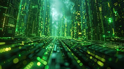 Poster - Green technology-themed image of a virtual server network, organic data structure design resembling a digital forest, energy-efficient concept, natural green and earth tones, eco-tech background
