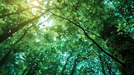 Poster - Green technology-themed image of a virtual server network, organic data structure design resembling a digital forest, energy-efficient concept, natural green and earth tones, eco-tech background
