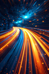 Poster - abstract futuristic light trails on dark background, vibrant glowing lines and particles creating dy