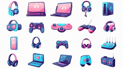 The 3d render modern icon set includes icons for a computer, laptop, smartphone, headphones, printer, game console, floppy disk, and video card in an array of colors.