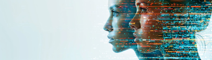 Poster - Double exposure of two profiles, digital lines represent technology, future, and innovation, symbolic representation of modern and virtual concepts.