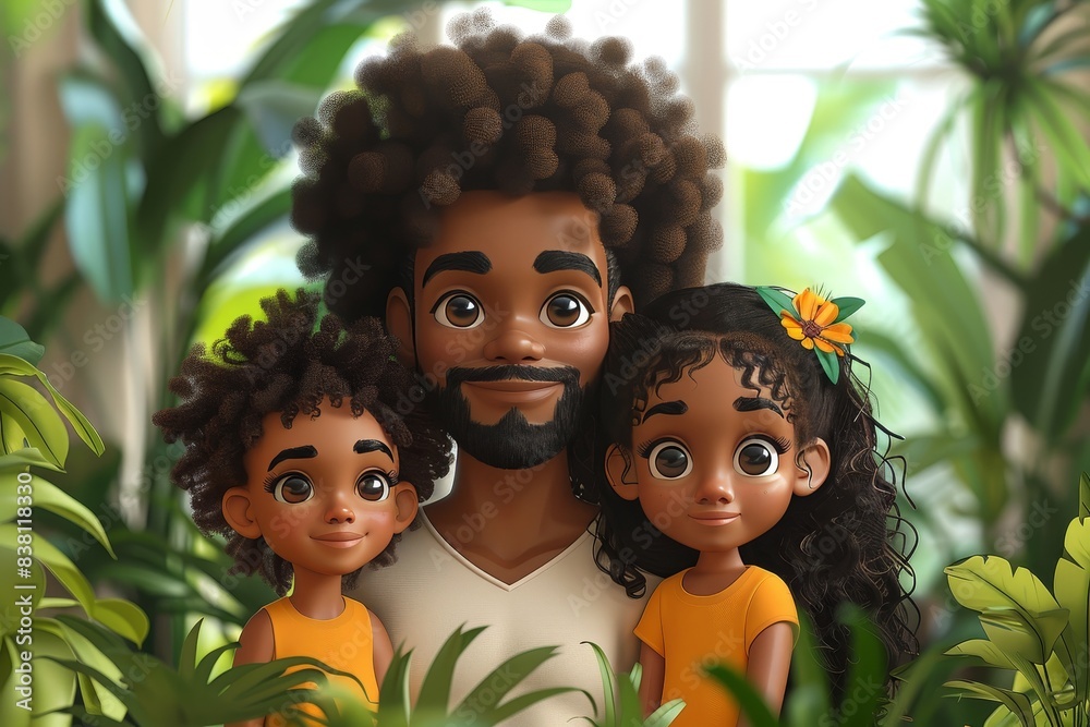 Digital depiction of an animated family with two kids smiling in a ...