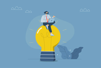 Creating problem solving ideas, Leader using creativity to solve work problems for a company or organization, Businessman sitting and working on a big light bulb, Vector design illustration.