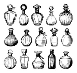 Wall Mural - Doodle Style Different Perfume Bottles Icons Set. Hand Drawn Simple Black Icons on White Background. Sketch Illustrations of Various Fragrance Bottles