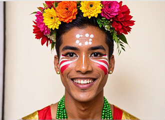 A joyful young man adorned with vibrant traditional makeup and flowers for a cultural celebration