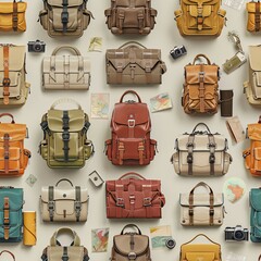 Poster - Seamless pattern of 3D-rendered tourist equipment, including backpacks, cameras, and maps, arranged in neat rows for a travel-themed design