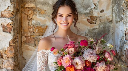 Wall Mural - Happy bride with bouquet near wall 