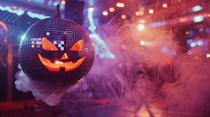 a Halloween-themed disco ball with a carved pumpkin face, glowing from within, surrounded by a smoky, colorful, and festive atmosphere with vibrant lights