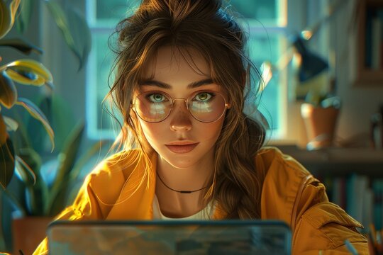 This digital artwork captures a young animated girl studying intently at her computer, surrounded by the green of indoor plants