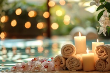 candles and towels by the pool at spa salon - resort hotel for relaxing vacation with copy space