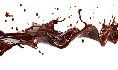 Chocolate milk sauce splash or syrup flowing pour wave with spatter drops isolated on transparency background, PNG cut out, creative, flowing wave explode, luxury, liquid fluid, beautiful.