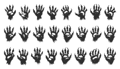 Wall Mural - Silhouettes of fearsome werewolf clawed paws depicted in a hand-drawn simple style. Black icons set against a white background