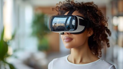 A businesswoman interacting with a virtual reality headset in a modern office, isolated on a white background