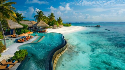 An aerial view of the resort's infinity pool overlooking an idyllic beach, surrounded by lush palm trees and turquoise waters in Maldives. The serene beauty of the vacation paradise.