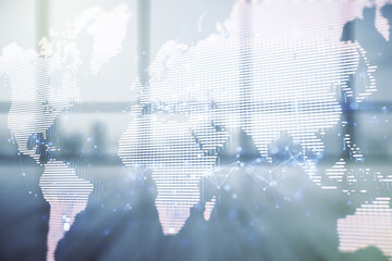 Aufkleber - Multi exposure of abstract creative digital world map hologram on empty corporate office background, tourism and traveling concept