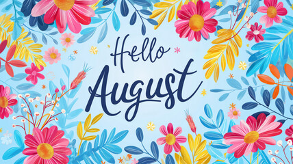 illustration creative background with logo hello august and pattern f colourful flowers and plant le