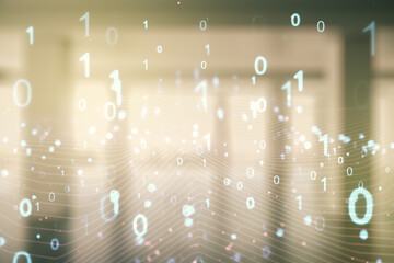 Aufkleber - Abstract virtual binary code illustration on empty corporate office background. Big data and coding concept. Multiexposure