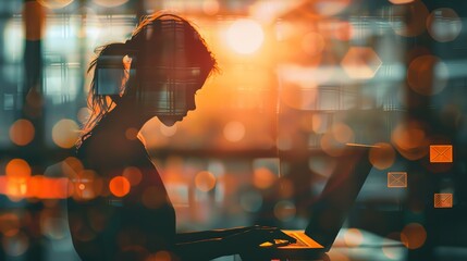 double exposure of the silhouette woman working on computer and email icons, blurred office background, light effects