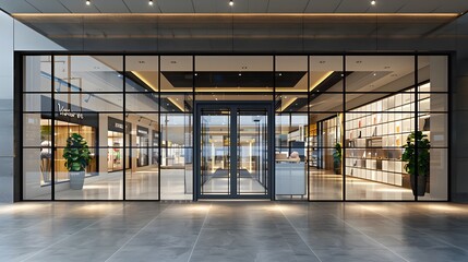 In the mall, glass doors and windows with metal frames in an open space leading to the shopping center entrance. in the style of an open space leading to the shopping center entrance gate design.