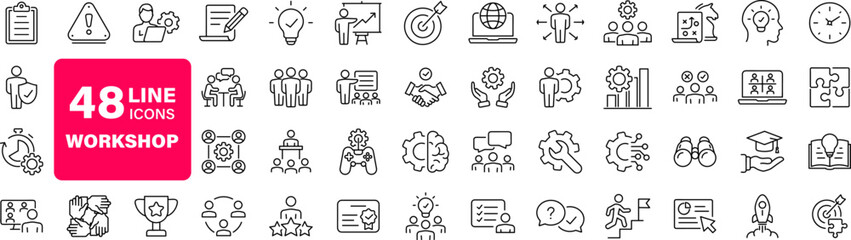 Workshop set of web icons in line style. Business Workshop icons for web and mobile app. Containing team building, teamwork, coaching, meeting, managing, coaching, motivation and more