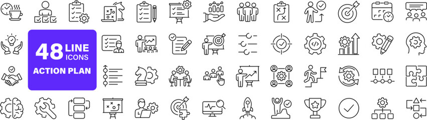 Action plan set of web icons in line style. Strategy action planning icons for web and mobile app. Containing strategy, analysis, planning, strategy, analysis, tasks, goal, implementation and more