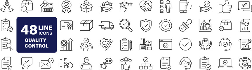 Fototapete - Quality control set of web icons in line style. Quality Check computing icons for web and mobile app. Containing inspection, evaluation, production, quality assurance, certificate, testing and more