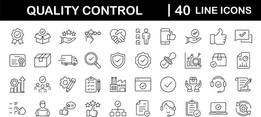 Fototapete - Quality control set of web icons in line style. Quality Check computing icons for web and mobile app. Containing inspection, evaluation, production, quality assurance, certificate, testing and more