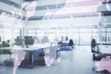 Aufkleber - Multi exposure of abstract creative digital world map hologram on a modern furnished office background, tourism and traveling concept