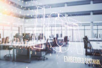 Aufkleber - Abstract virtual IOT hologram on a modern furnished office background. Multiexposure