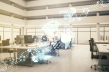 Aufkleber - Abstract virtual robotics technology hologram with globe sketch on a modern furnished office background. Robot development and automation concept. Multiexposure