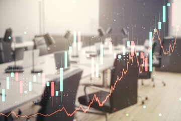 Poster - Multi exposure of virtual abstract financial diagram on a modern furnished office interior background, banking and accounting concept