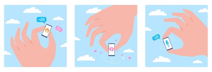 Fototapete - Hands holding little phone. Giant hand with tiny smartphones social media likes addiction concept, trendy internet like heart mobile chat contact cartoon vector illustration