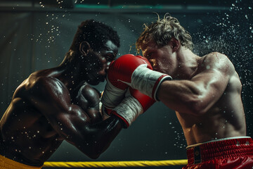 2 race Boxing Duo, Caucasian and African Boxers, Athletic Competition, Sports Unity, Powerful Boxing banner, Fitness Enthusiasts, Dynamic Sports Action, Boxers in Action, two man fighting wrestling