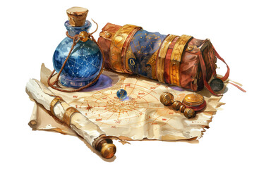 Star map and attributes of the astrologer wizard, planets, potion, manuscripts. Сlipart illustration on a transparent background