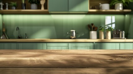 Sticker - Interior of a modern contemporary green kitchen room featuring wood table tops on blurred backgrounds.