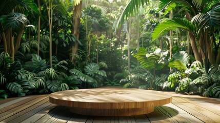 Wall Mural - For product presentation in tropical forest, wooden podium. 3D render