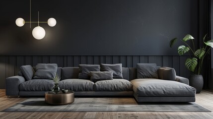 Sticker - A cozy living room with a grey sofa, dark walls, and wooden floors