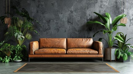 Poster - 3D rendering of a living room interior with leather sofas and green plants on transparent walls.