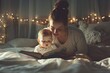 © MH - Young mother reading a book to her cute baby on the bed, Young Mother Creates Precious Bedtime Moments Reading to Her Baby, Mother and Baby Bond Over Bedtime Stories on the Cozy Bed