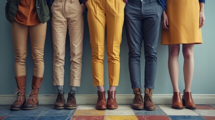 Work dress code concept header with people in smart casual clothes by office wall. Employees wear brown, yellow, dark blue, beige pants, skirts, jackets, and jumpers. Legs are low.