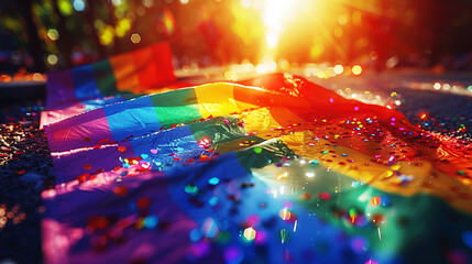 Vibrant colors with sparkling light glitter effect of rainbow flag on the street for celebrate pride month of LGBT community