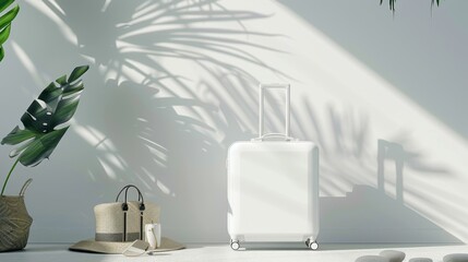 Wall Mural - An empty white suitcase with traveler accessories is displayed against a white bright background, depicting a travel concept.