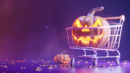 Sticker - Detailed 3D rendering of a shopping cart with a Jack O’ lantern on a purple background. Halloween sale concept.