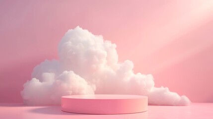 Poster - An abstract rendering of a pink podium with a cloud on a pastel pink background.
