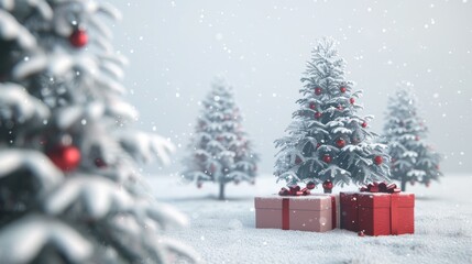 Canvas Print - Three-dimensional rendering of a Christmas tree with a gift box and falling snow.