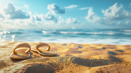 Wall Mural - Flip-flops on sand, sea, and sky background. Summer beach concept.