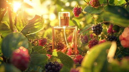 Wall Mural - A bottle of perfume surrounded by schisandra berry and mulberry