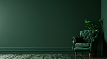 Wall Mural - Living room with green armchair and dark green wall