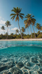 Wall Mural - Tropical beach with palm trees and turquoise water under a clear sky.